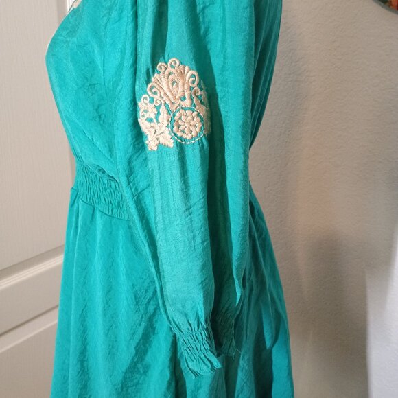 Neslay Paris Teal Green Embroidered Boho Mini Poof Bubble Dress Large - Picture 3 of 13